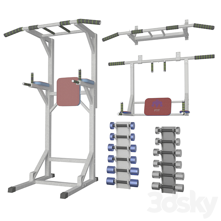 Wall horizontal bar horizontal bar 3 in 1 and Dumbbells 3DS Max Model - thumbnail 2