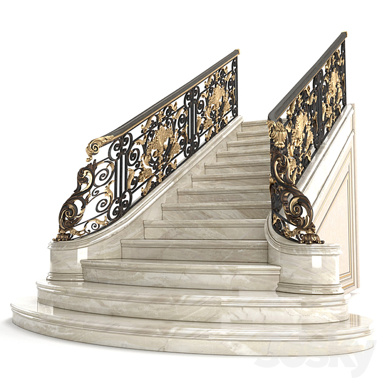 Classic marble staircase with wrought iron railing 3DS Max - thumbnail 1