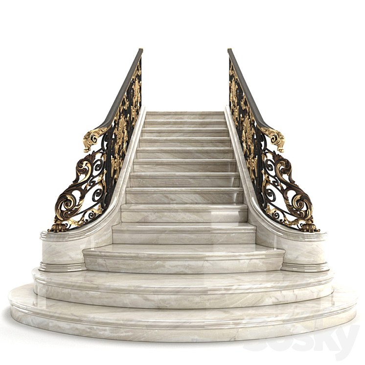 Classic marble staircase with wrought iron railing 3DS Max - thumbnail 2