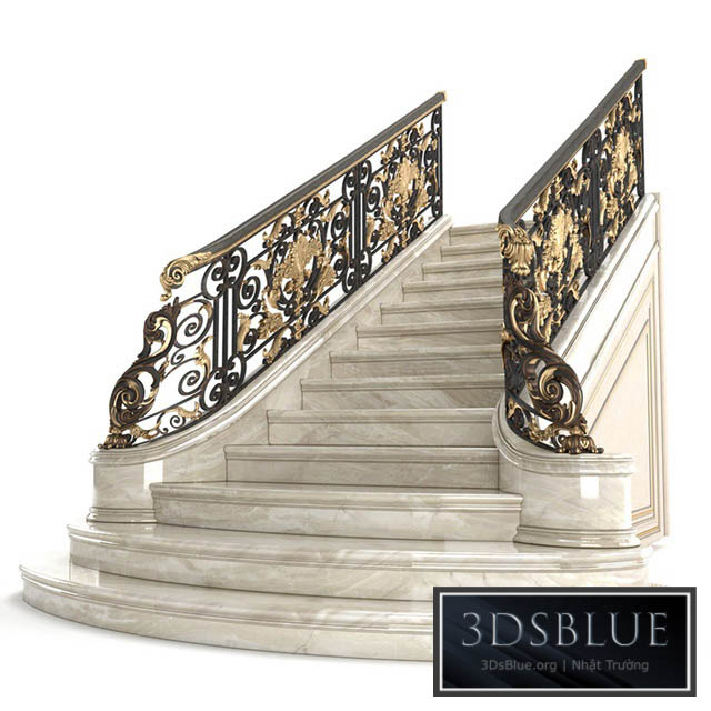 Classic marble staircase with wrought iron railing 3DS Max - thumbnail 3