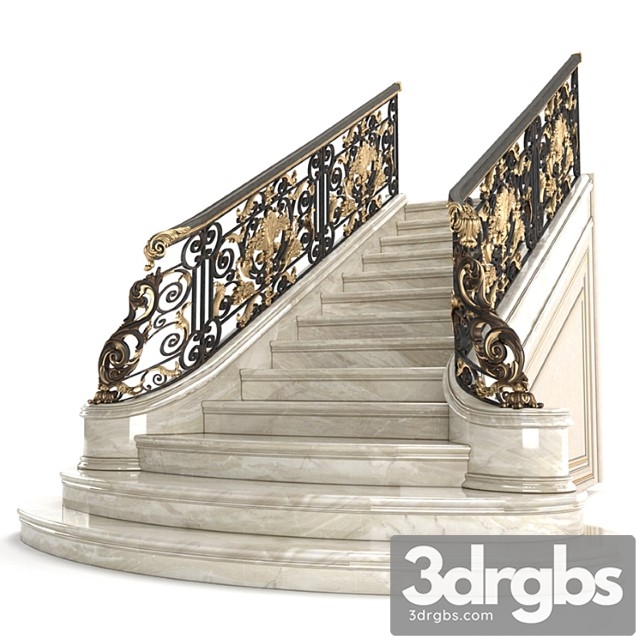 Classic marble staircase with wrought iron railing 3dsmax Download - thumbnail 1