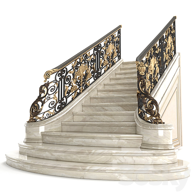 Classic marble staircase with wrought iron railing 3DSMax File - thumbnail 1