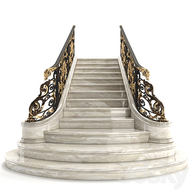 Classic marble staircase with wrought iron railing 3DSMax File - thumbnail 2