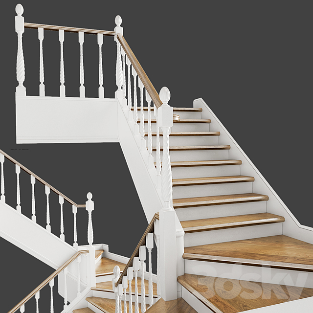 Classic two-march staircase with staggered steps 3DS Max Model - thumbnail 2