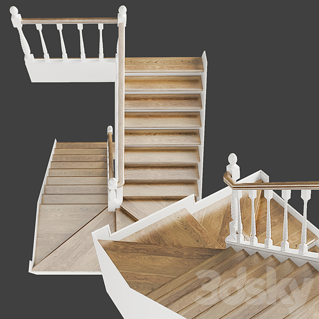 Classic two-march staircase with staggered steps 3DS Max Model - thumbnail 3