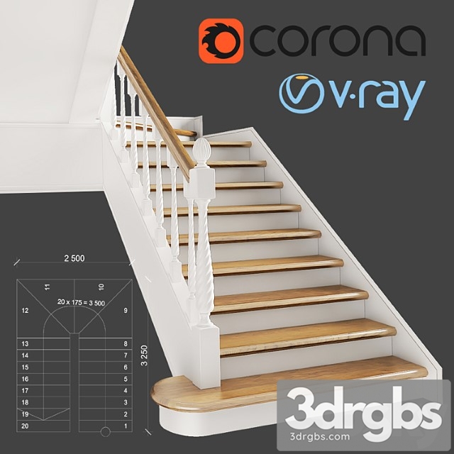 Classic two-march staircase with staggered steps 3dsmax Download - thumbnail 1