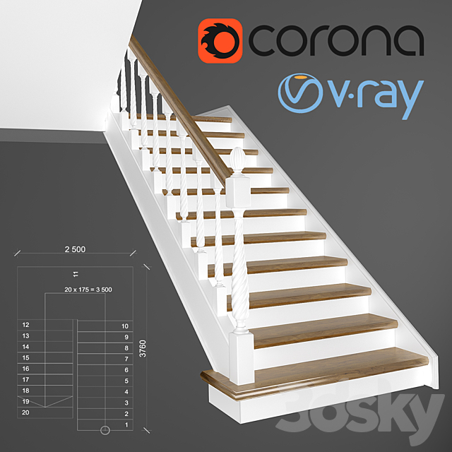 Classic two-staircase staircase 3ds Max - thumbnail 1