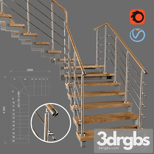 Contemporary corner staircase with staggered steps 3dsmax Download - thumbnail 1