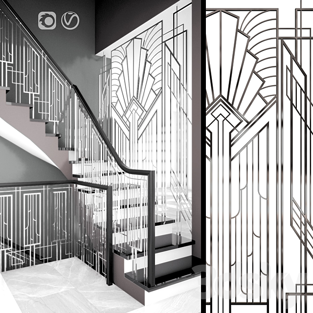 Forged guard of the Art-Deco staircase 3DSMax File - thumbnail 1