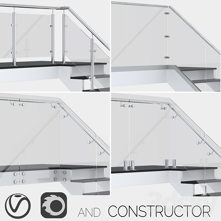 Glass fencing with handrail 4 options 3DS Max - thumbnail 1