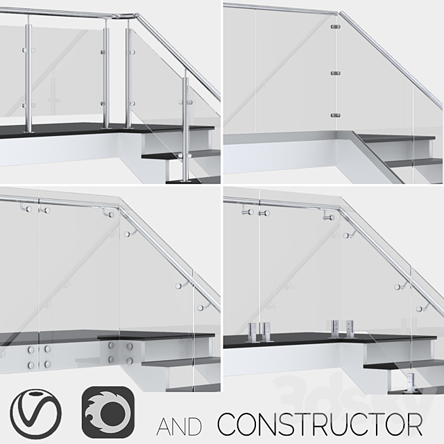 Glass fencing with handrail 4 options 3DSMax File - thumbnail 1