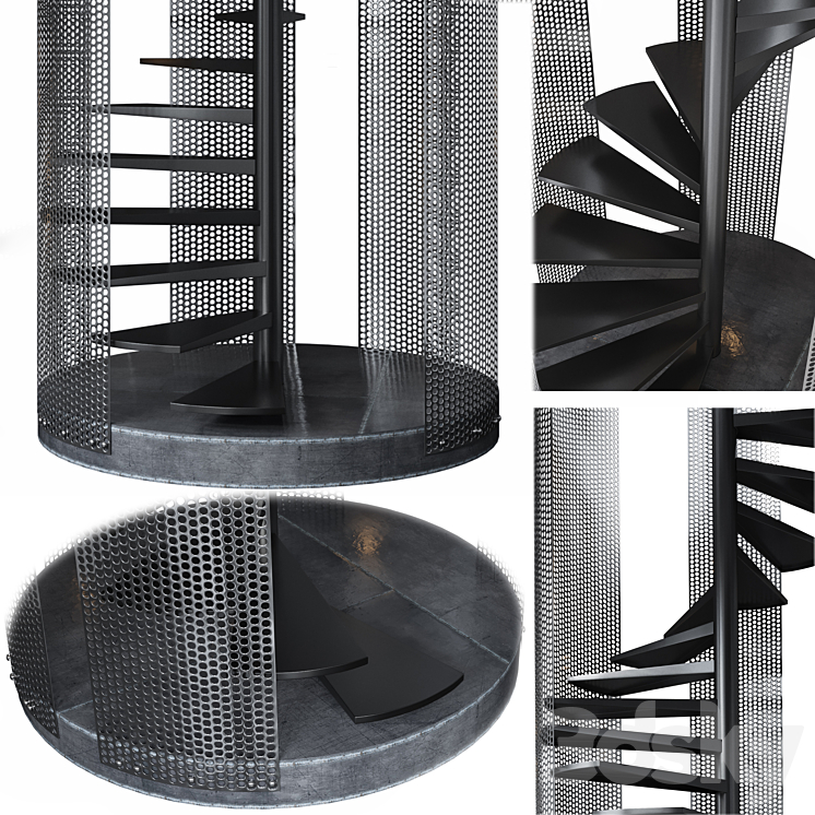 Spiral staircase Loft with perforated railing 3DS Max - thumbnail 2