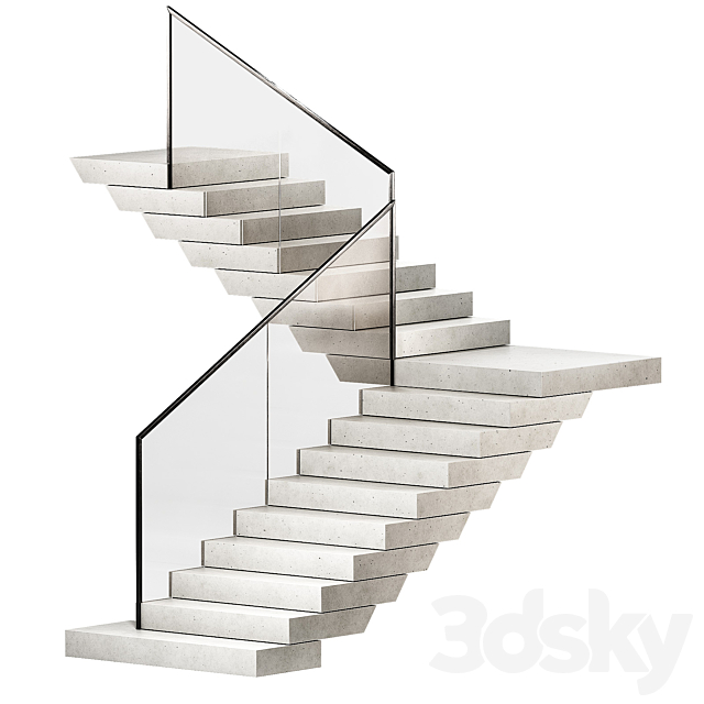 Stairs 3. Stone steps. Metal glass railings. 2 color options – marble and concrete. 3DS Max Model - thumbnail 2