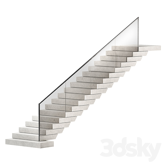 Stairs 3. Stone steps. Metal glass railings. 2 color options – marble and concrete. 3DS Max Model - thumbnail 3