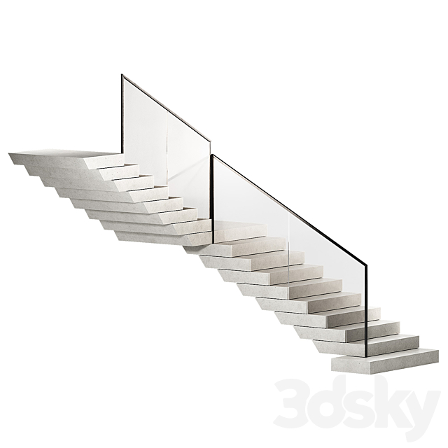 Stairs 3. Stone steps. Metal glass railings. 2 color options – marble and concrete. 3DS Max Model - thumbnail 4