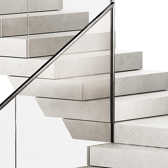 Stairs 3. Stone steps. Metal glass railings. 2 color options – marble and concrete. 3DS Max Model - thumbnail 5