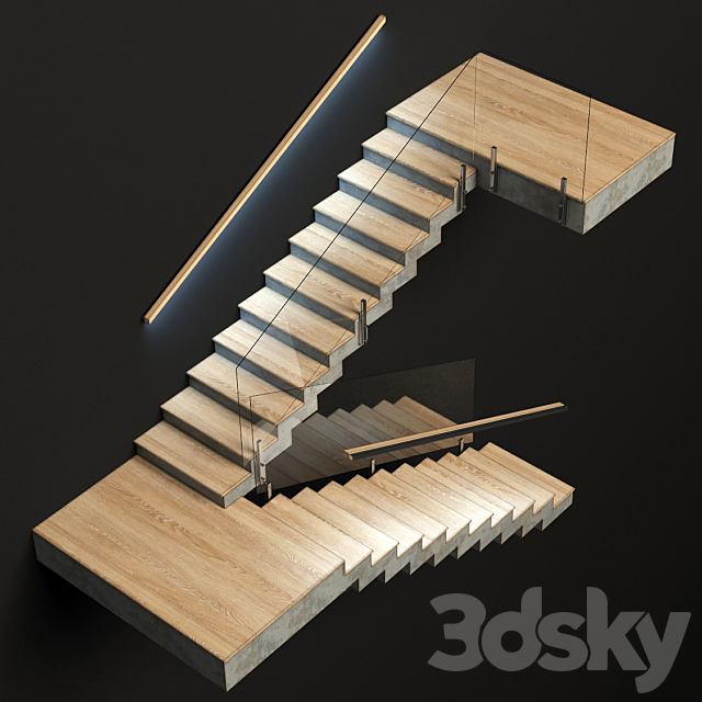 Stairs made of wood and concrete with built-in LED illuminated handrail 3DS Max Model - thumbnail 2