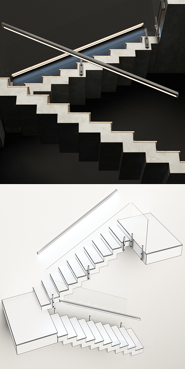 Stairs made of wood and concrete with built-in LED illuminated handrail 3DS Max Model - thumbnail 3