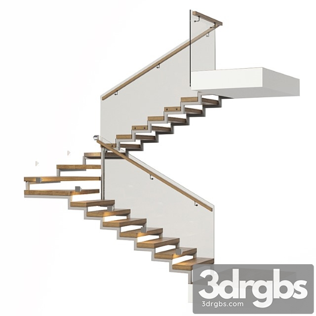 Stairs with a landing platform – made of wood glass and metal with illumination profi led ip44 3dsmax Download - thumbnail 1