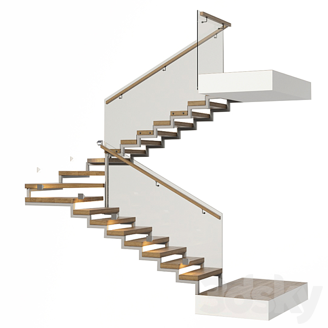 Stairs with a landing platform – made of wood. glass and metal with illumination PROFI LED IP44 3DSMax File - thumbnail 1