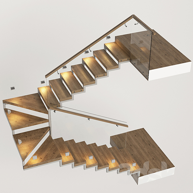 Stairs with a landing platform – made of wood. glass and metal with illumination PROFI LED IP44 3DSMax File - thumbnail 2