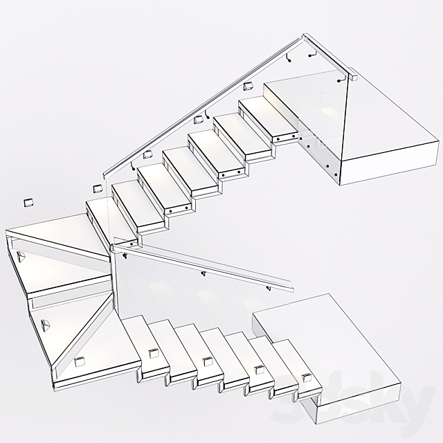 Stairs with a landing platform – made of wood. glass and metal with illumination PROFI LED IP44 3DSMax File - thumbnail 3