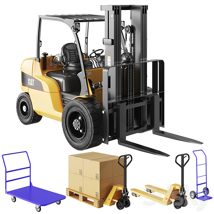 CAT Forklift Manual Loader and Warehouse Carts Kit 3DS Max - thumbnail 1