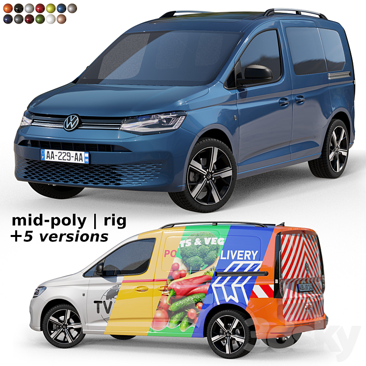 Mid-poly car Volkswagen Caddy 2022 3DS Max Model - thumbnail 1