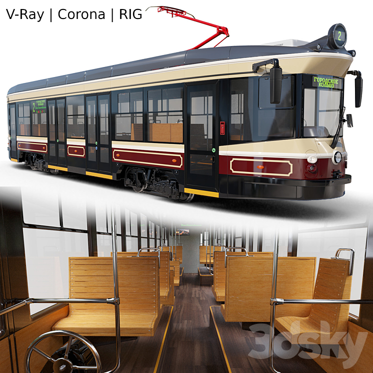 Retro style tram UVZ 71-415R 3DS Max Model - thumbnail 3