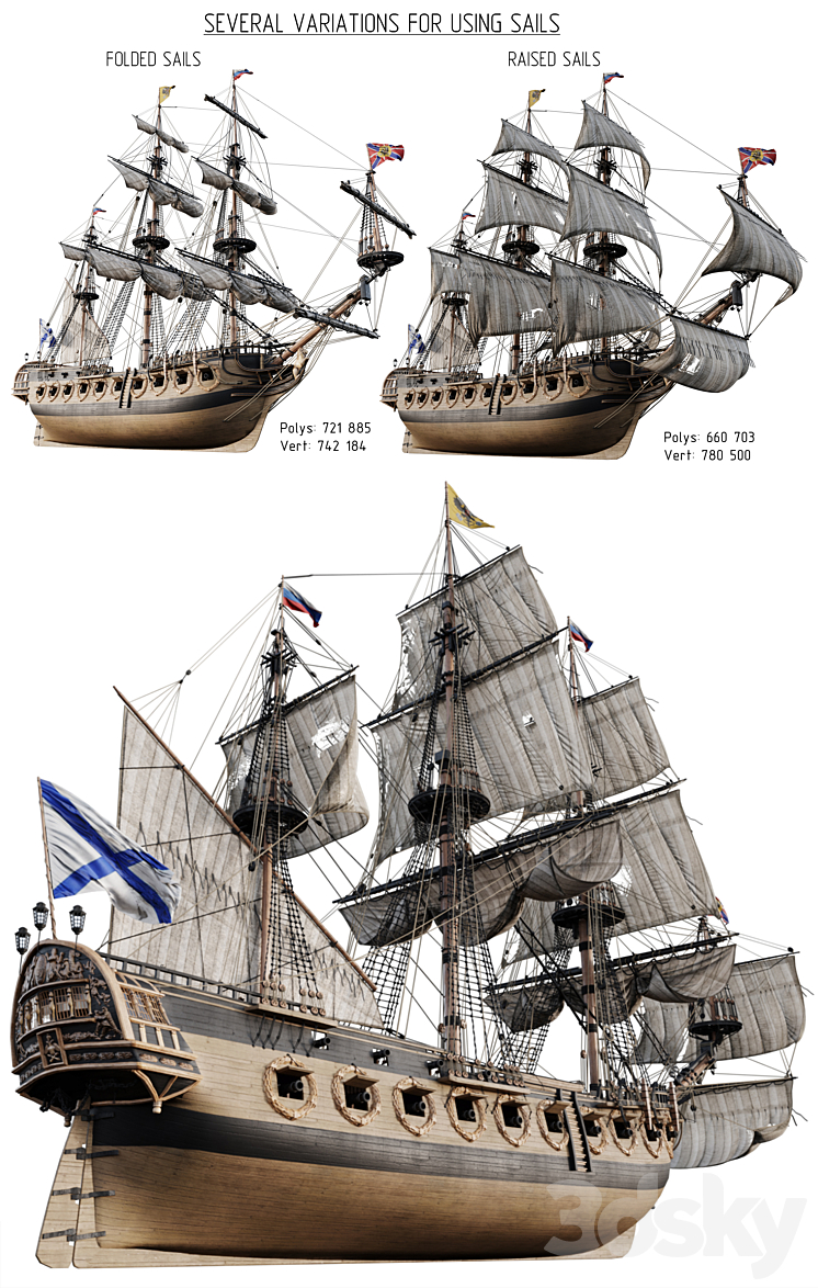 Sailing frigate Oliphant 1705 3DS Max Model - thumbnail 2