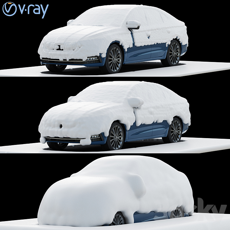 snow covered cars in the parking lot 3DS Max Model - thumbnail 1