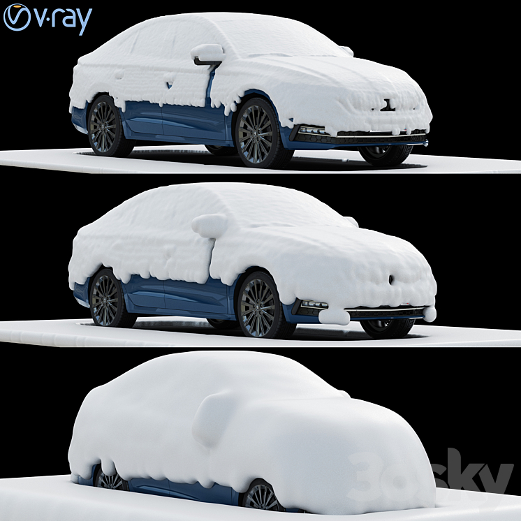 snow covered cars in the parking lot 3DS Max Model - thumbnail 2