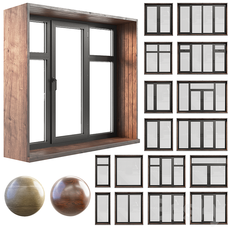 A set of plastic windows with wooden trim. 3DS Max Model - thumbnail 1