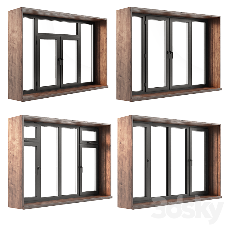 A set of plastic windows with wooden trim. 3DS Max Model - thumbnail 2