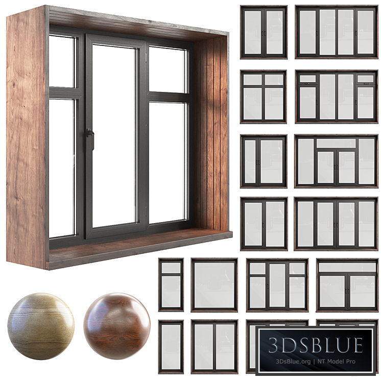 A set of plastic windows with wooden trim. 3DS Max - thumbnail 3