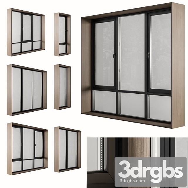 Black modern window with wooden frame – windows set 06 - thumbnail 1