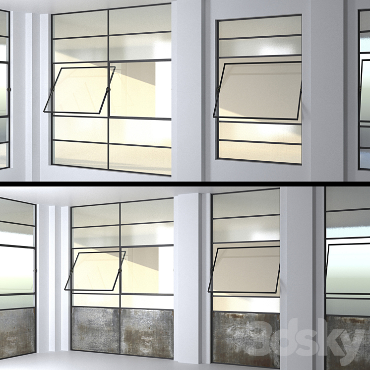 SET 4 Steel Factory Windows wired glass wireglass 3DS Max - thumbnail 1