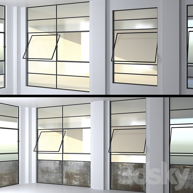 SET 4 Steel Factory Windows wired glass wireglass 3DSMax File - thumbnail 1