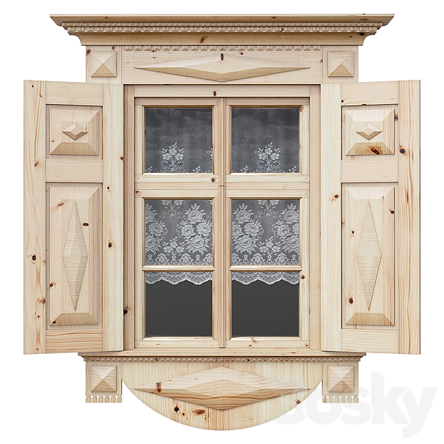 Wooden window with shutters and architraves 3ds Max - thumbnail 1