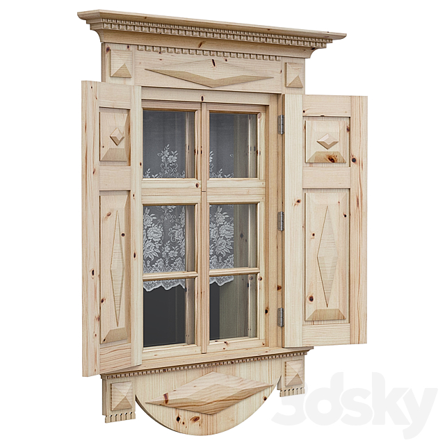 Wooden window with shutters and architraves 3ds Max - thumbnail 2