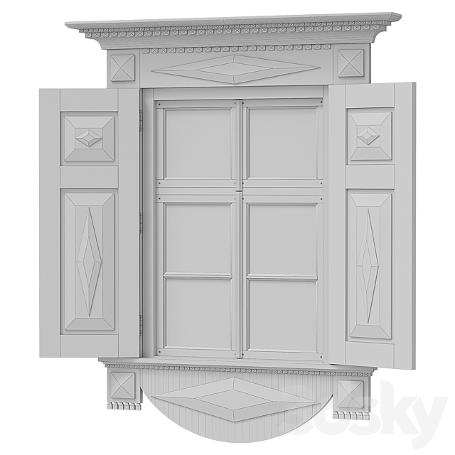 Wooden window with shutters and architraves 3ds Max - thumbnail 3