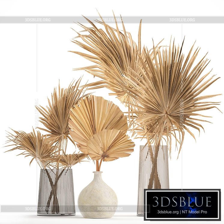 A beautiful bouquet of dried flowers in a glass vase with branches a dry palm leaf a branch. Set 133. 3DS Max - thumbnail 3