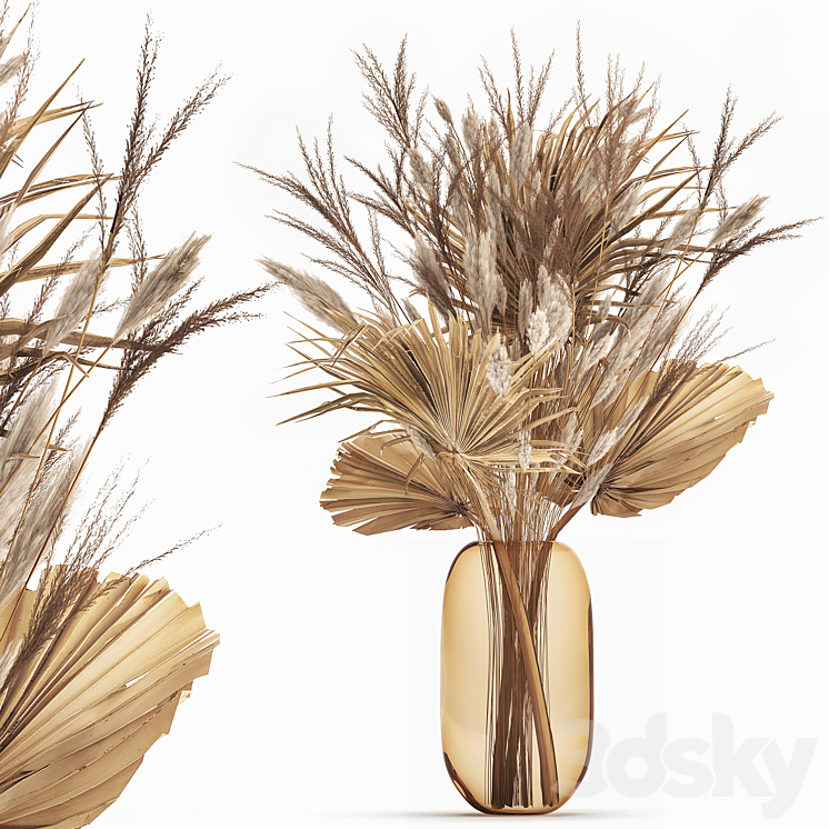 A beautiful bouquet of dried flowers in a glass vase with dry weinik branches and a dry palm leaf branch . 150. 3DS Max Model - thumbnail 3