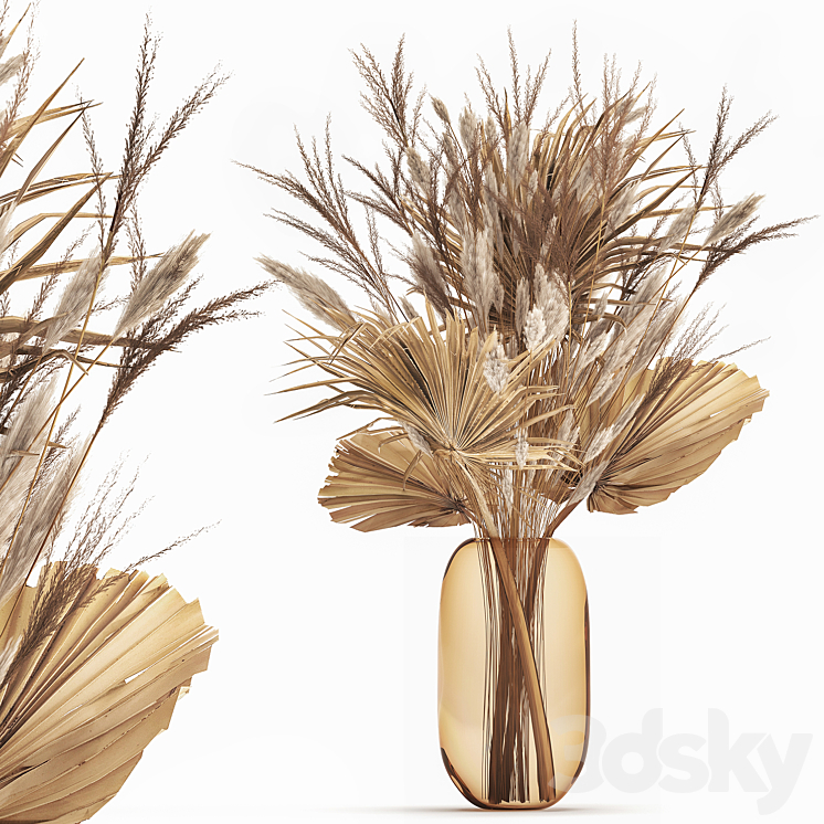 A beautiful bouquet of dried flowers in a glass vase with dry weinik branches and a dry palm leaf branch . 150. 3DS Max - thumbnail 1