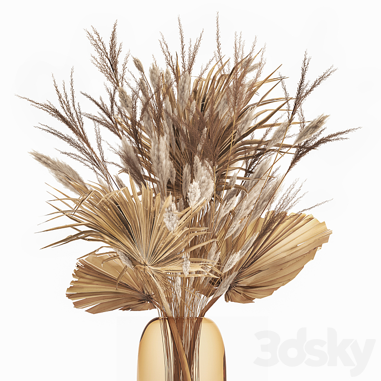 A beautiful bouquet of dried flowers in a glass vase with dry weinik branches and a dry palm leaf branch . 150. 3DS Max - thumbnail 2