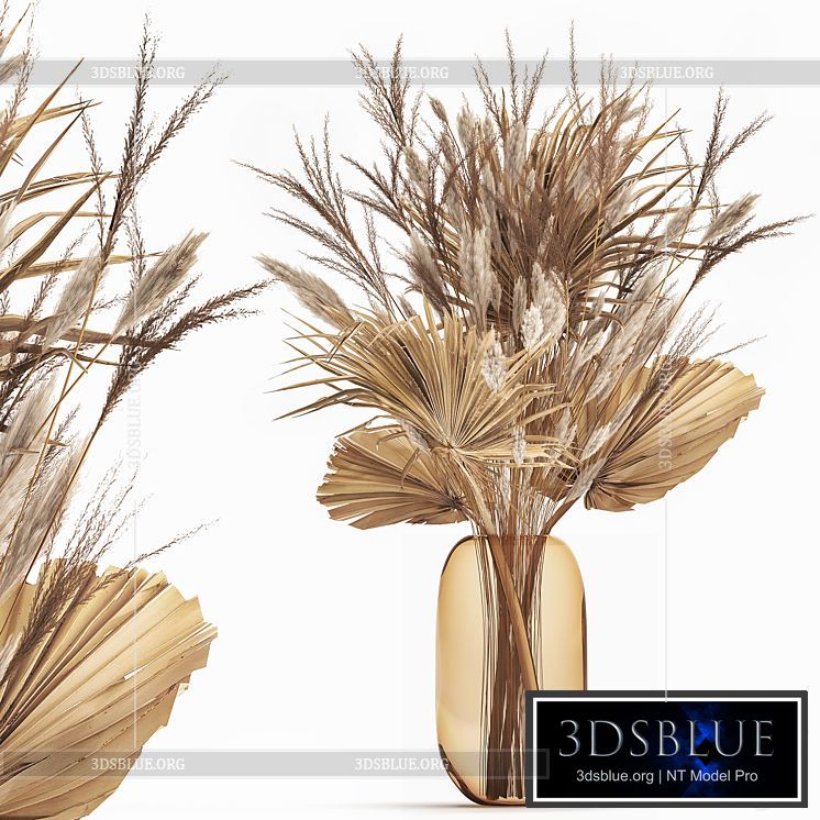 A beautiful bouquet of dried flowers in a glass vase with dry weinik branches and a dry palm leaf branch . 150. 3DS Max - thumbnail 3