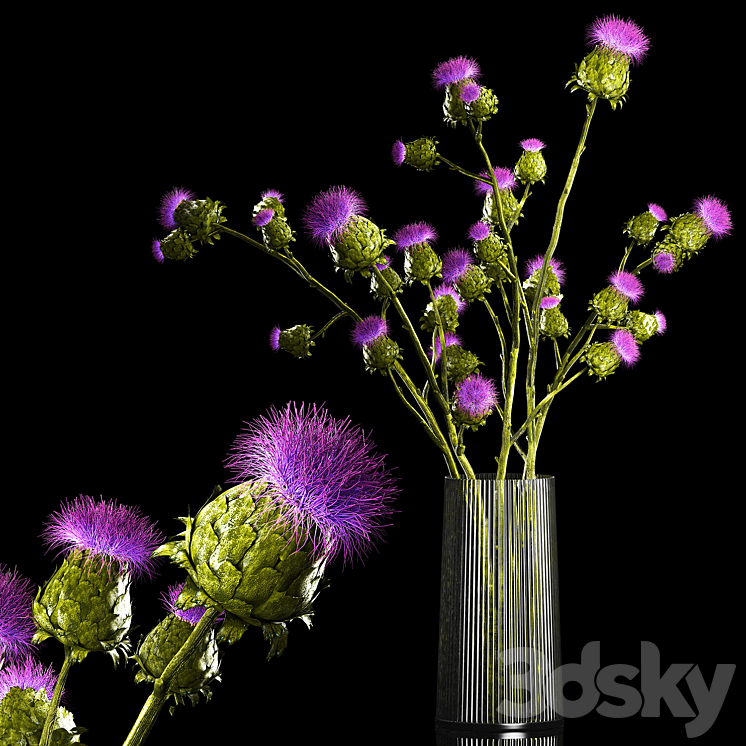 A beautiful green lush bouquet of stabilized dried flowers in a modern glass vase with branches of thorns thistle. Set 292. 3DS Max Model - thumbnail 1