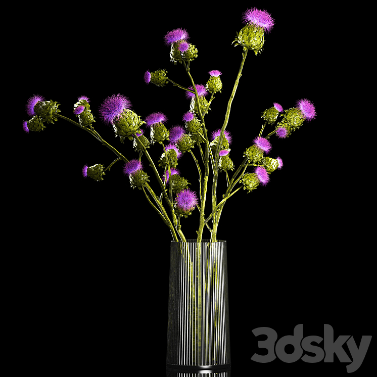 A beautiful green lush bouquet of stabilized dried flowers in a modern glass vase with branches of thorns thistle. Set 292. 3DS Max Model - thumbnail 2