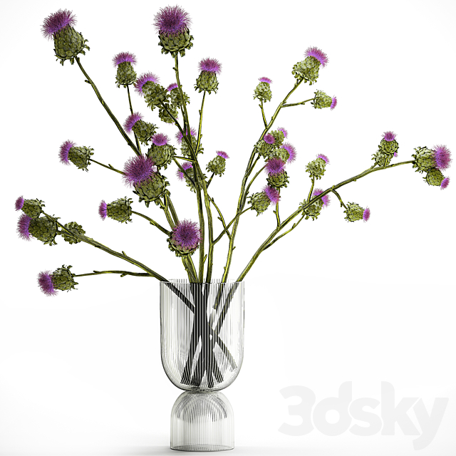 A beautiful green lush bouquet of stabilized dried flowers in a modern glass vase with branches of thorns thistle. Set 295. 3ds Max - thumbnail 1