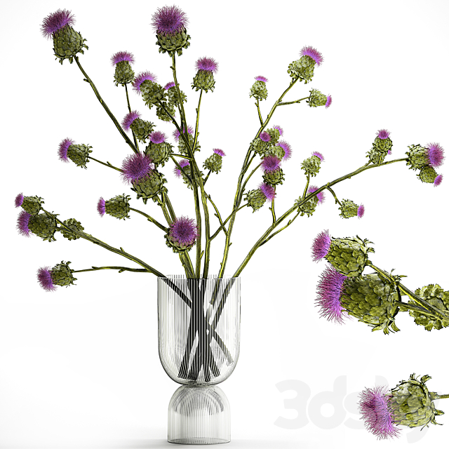 A beautiful green lush bouquet of stabilized dried flowers in a modern glass vase with branches of thorns thistle. Set 295. 3ds Max - thumbnail 2